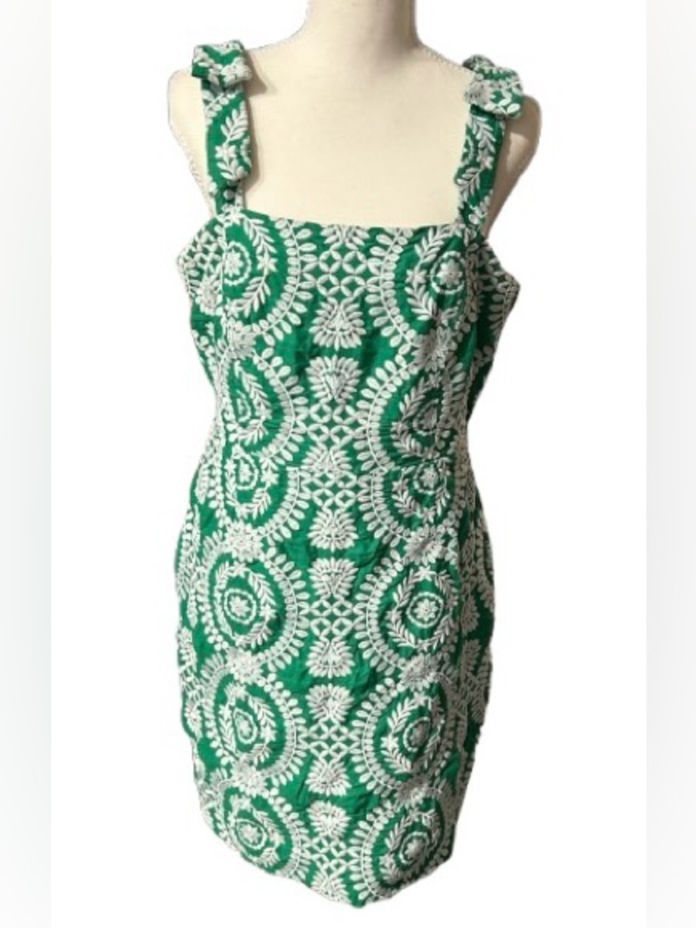 Embroidered ADELYN RAE Dress Green White Floral Cotton Bows Designer Cottage